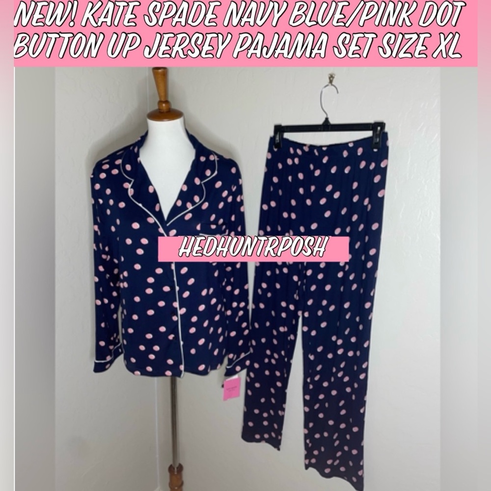 🎉HP🎉New! Kate Spade Navy Blue/Pink Dot Button Up Jersey Pajama Set XL💕
